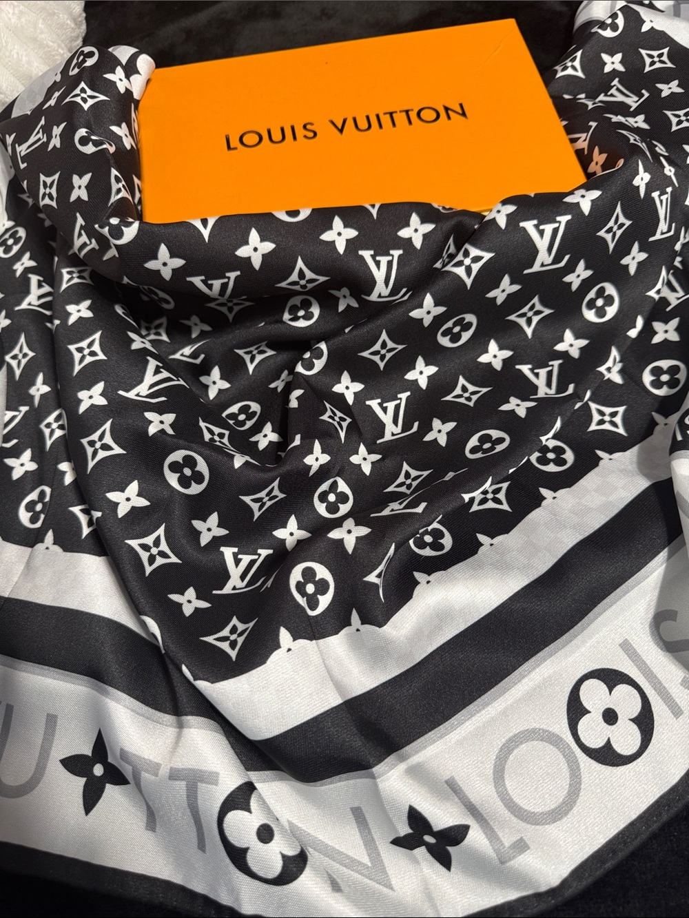 Source Unknown Black and White Monogram Silk-Style Scarf